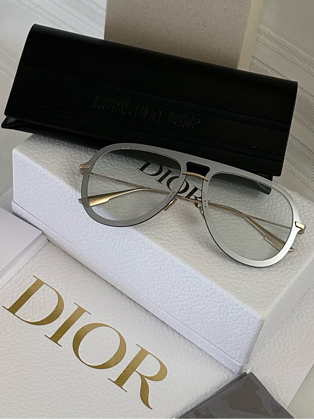 Authentic Dior Pilot Sunglasses in Silver with Gold Temples